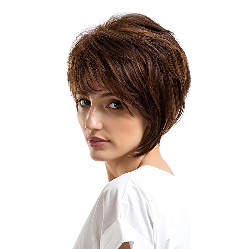 FAMILIZO Pelucas Mujer Pelo Natural Largo Corto Postizos De Pelo Natural Hombres Mujeres Naturales De Textura Corta Brownhair Pelucas Peluca De Pelo Humano Pelucas Ligeras
