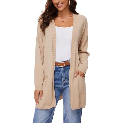 Women's 100% Cotton Lightweight Open Front Cardigans with Pockets Oversized Knit Casual Sweaters Outwear Khaki Large