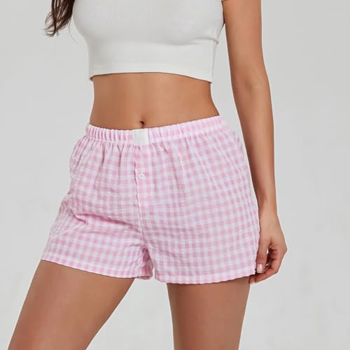 Image of Womens Boxer Shorts Gingham Y2k Pajama Cute Plaid Striped Print Lounge Sleep Shorts