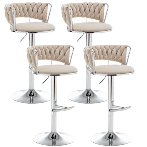 Canxkun Velvet Bar Stools Set of 4, Counter Height Bar Stools with Low Back, Modern Adjustable Height Barstools, 360° Swivel Bar Chairs for Kitchen Island, Pub (Beige)