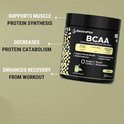 Image of BCAA Powder, 2.5g BCAA with 3:1:1 Ratio, L-Citrulline & Electrolytes, 100g, Shikanji Flavour, 20 Servings
