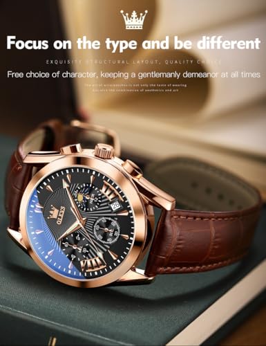 Image of OLEVS Watches for Men Original Analog Quartz Stylish Brown Leather Luxury Business Chronograph Waterproof Date Mens Wrist Watch