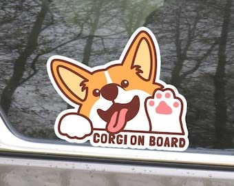 Image of Red Corgi On Board Car Decal Sticker, Peeking Pembroke Welsh Corgi Dog Waving Paw Vinyl Waterproof, Car Window Bumper