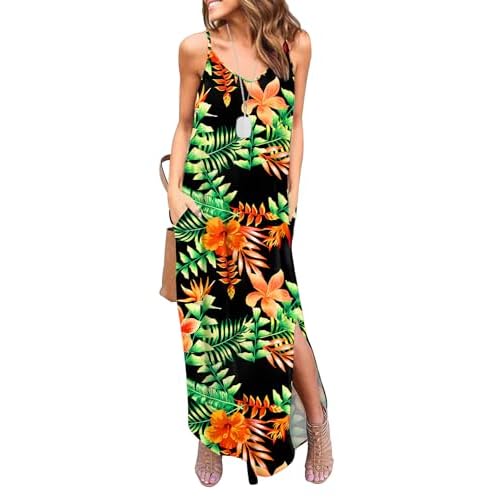 HUSKARY Women's Summer Casual Sleeveless V Neck Strappy Split Loose Dress Beach Cover Up Long Cami Maxi Dresses with Pocket Small Flower02