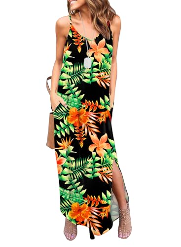 Image of HUSKARY Women's Summer Casual Sleeveless V Neck Strappy Split Loose Dress Beach Cover Up Long Cami Maxi Dresses with Pocket
