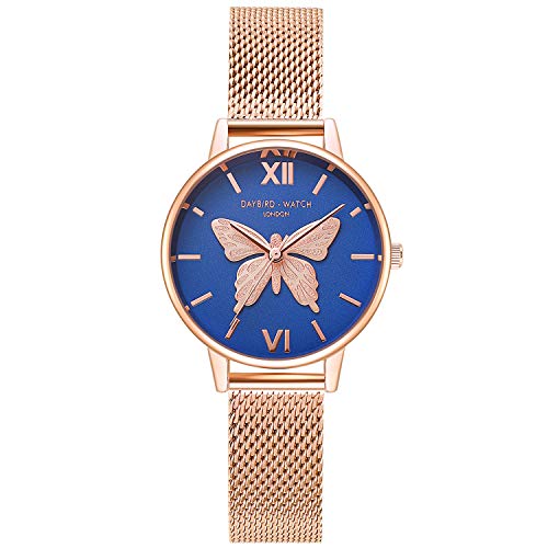 RORIOS Women's Analogue Quartz Watches Beautiful Butterfly Dial Stainless Steel Mesh Bracelet Watches, Blue, Bracelet