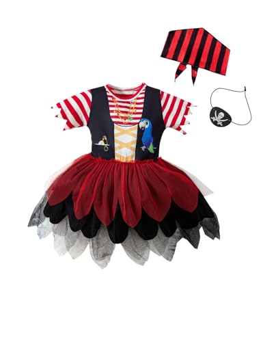 MOMMYS NEW MAN Toddler Baby Girl Pirate Costume Halloween Sea Buccaneer Tutu Dress And Head Scarf With Pirate eye mask (9-12M Red)