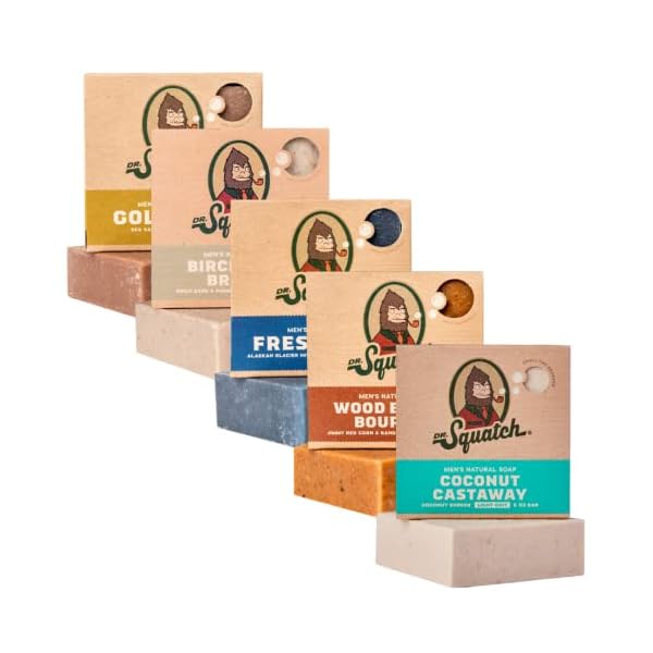 Dr. Squatch All Natural Bar Soap for Men, 5 Bar Variety Pack - NEW Coconut Castaway, Wood Barrel Bourbon, Fresh Falls…