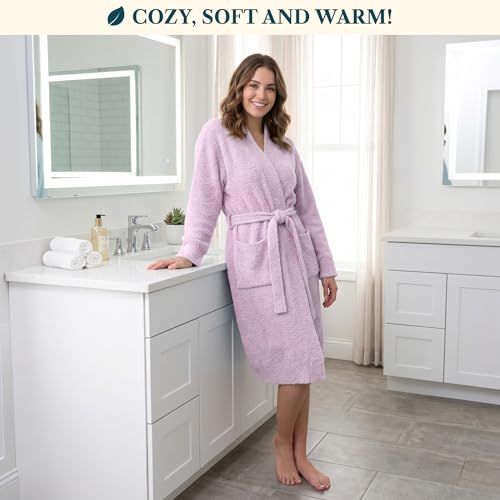 Image of PAVILIA Premium Plush Robe for Women, Soft Cozy Fuzzy Bathrobe with Pockets, Warm Mid-Length Lounge Robe with Tie Belt