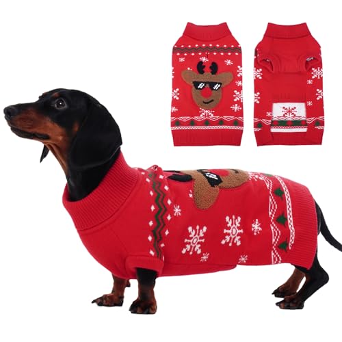 IECOii Small Dog Christmas Sweater - Funny Holiday Sweaters for Dachshund, Warm & Comfy & Stretchy Knitted Turtleneck Top, Reindeer Puppy Jumpers for Indoor Outdoor, Machine Washable, Red, S