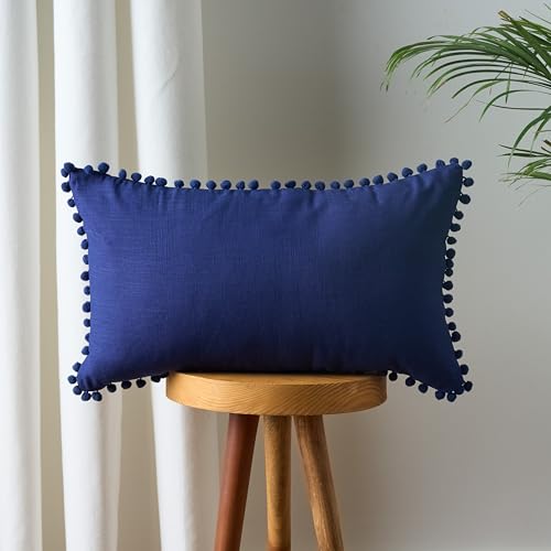 Image of 100% Cotton Pom Pom Cushion Without Filler, Elegant & Modern Cushion Cover for Living Room, Rectangle, 12 inchx20 inch, uni slub, Set of 3 - Navy