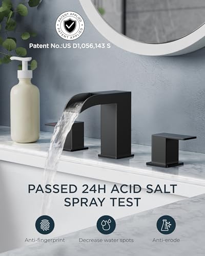 FORIOUS Matte Black Bathroom Faucets 3 Hole, 8 Inch Widespread Square Waterfall Bathroom Sink Faucet with Metal Pop-up Drain and cUPC Supply Lines, Two Handles for Vanity, Restroom, Commercial - Thumbnail 2