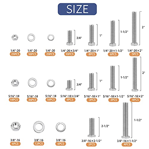 265PCS Bouchons et écrous 1/4"-20, 5/16"-18, 3/8"-16 en acier au carbone Boulets et éviers Ensemble de vis pour le matériel (3 Types, 4 Différents Sizes-3/4”, 1”, 1-1/2. 2”)