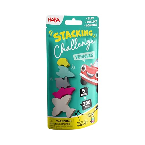 HABA 2013868001 - Stacking Challenge Vehicles, Juego Infantil con retos de apilar, Solitario, de Viaje. Más 6 años