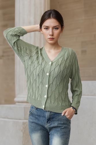 Image of Women's 2025 Crochet Sweater Cardigan 3 /4 Sleeve Lightweight Summer Knit Sweater | Open Front Boho Shrug Top | Beach Cover-Up & Office Wear | Machine Washable 21-Green-L