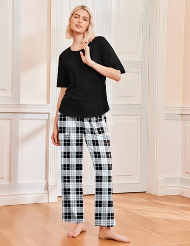 Image of Ekouaer 2 Pack Womens Pajamas Sets Short Sleeve Long Pants Pjs Lounge Set