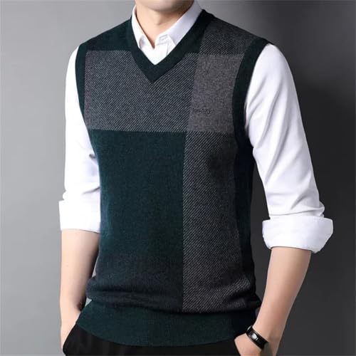 Men Sleeveless Sweater Vest 100 Percent Wool V Neck Thick Textured Plaid Fall Winter Warm4