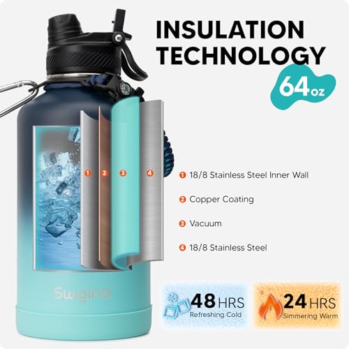 Image of Swigina [2-IN-1 LID] 64 oz Insulated Water Bottle with Silicone Boot (48hrs Cold /24hrs Hot) - DIY Stickers, Leakproof, BPA Free, Half Gallon