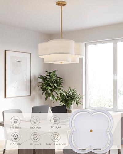 Image of 18 inch Chandelier, 3-Light Gold Pendant Light Fixtures with Dual Layer White Fabric Shade in Quatrefoil Shape, Double Drum Chandeliers for Dining Room Kitchen Living Room Bedroom, AD-22007-3P-GD