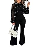 Ninimour Jumpsuits for Women Mock Neck Lantern Long Sleeve Overalls Flared Date Night Jumpsuit Spring Going Out Outfits-bk-L