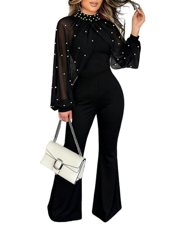 ninimour Jumpsuits for Women Pearls Decor Mock Neck Lantern Long Sleeve Flared Zipper Back One Piece Party Outfits-picture-24