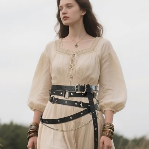 RAINDEWLL Renaissance Belt Women Pirate Medieval Ren Faire Adjustable PU Leather Chain Belt for LARP2