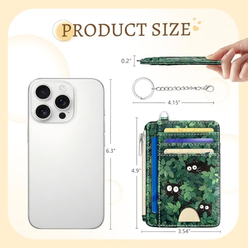 Image of Cute Black Cat Credit Card Holder Small Wallet Women, Green Grass Slim RFID Blocking Wallet Woman Keychain with Zipper Coin Pocket, Front Pocket Thin Travel Card Case with ID Window for Ladies Gifts