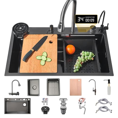75x50cm Fregadero De Cocina De cascada Acero Inoxidable Negro, 1 Cubeta Con Nanorrevestimiento Y Grifo Extraíble, Para Montaje Superior, Incluye Lavavasos, Canasta De Drenaje De Accesorios