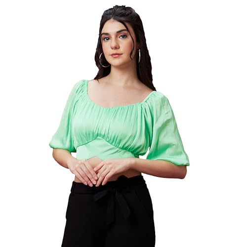 Image of Globus Women Green Solid Back Tie-Up Party Crop Top-3639937001