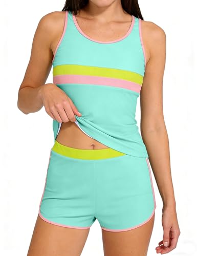 FoWear Girls Swimsuits Tankini Sets Color Block Swimwear with Boyshort Bathing Suits Size 6-14 Years, Light Green, 11-12 Years
