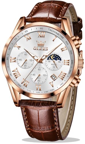 OLEVS Brown Watches for Men Classic Vintage Mens Leather Watch White Face Big Dial Luxury Dress Fashion Casual Waterproof Analog Quartz Moon Phase Date Men's Wrist Watches Relojes para Hombres