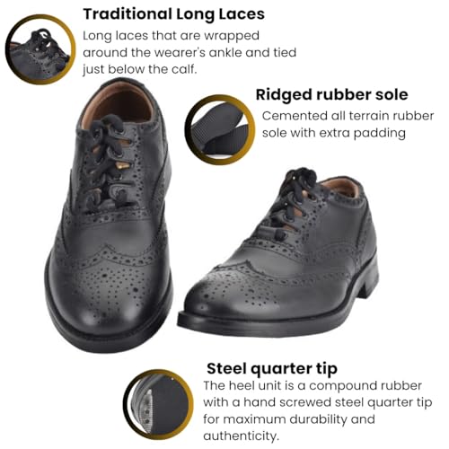Leather Ghillie Brogue Kilt Shoes Traditional Scottish Piper and Highland Outfit Wedding Shoes Featuring Extra Long Laces & Leather Tassels - Sizes UK 12 Style - Comfort Piper Color – Black2