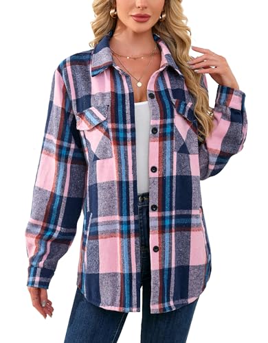 Shawnda Women's Brushed Flannel Shirt Jacket Shacket Long Sleeve Cotton Button Down Plaid Jacket Shirt with Pocket