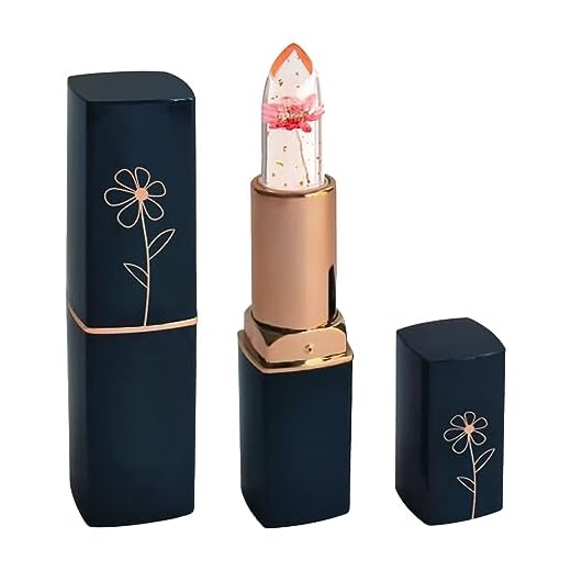 Soin des lèvres - Cosmétique naturel sans plastique - Tube bleu foncé - Rouge à lèvres transparent à fleurs séchées - Gelée de feuille d'or - Changement de couleur - Baume à lèvres hydratant (A,