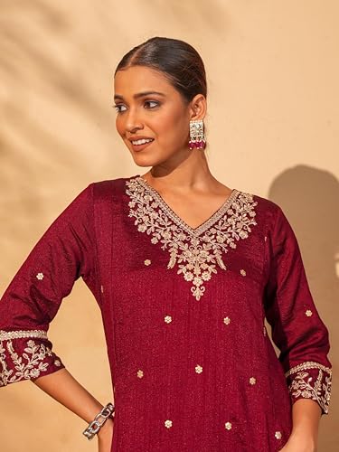 Image of Naixa Women's Vichitra Silk Embroidered A-Line Kurta with Pant and Dupatta Sets (NX-845)