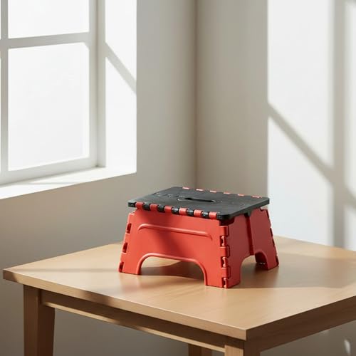 Image of 7 Inches Foldable Plastic Step Stool for Home & Kitchen, Portable Non-Slip Folding Stool, Heavy Duty Multipurpose Foot Rest for Bathroom, Office & Outdoor Use (Red-Black)