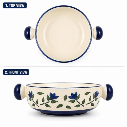 Image of Lupaava Handmade Ceramic Bowl Set of 2 | Printed Serving Bowls for Soup, Snacks, Dessert & Cereal | Microwave & Dishwasher Safe Kitchen Bowls (Multicolor) (Blue)