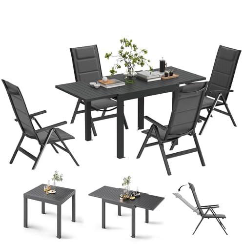 Devoko Salon de Jardin Exterieur 5 Pièces, Composé 1 Table en Aluminium et 4 Chaises Pliantes, Table de Jardin Extensible (80/160 cm), Imperméable Table de...