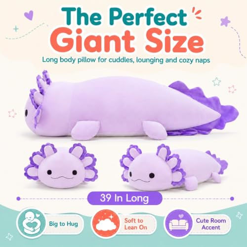 Image of BENINY 39-Inch Giant Axolotl Plush Pillow, Purple Large Stuffed Animal, Extra Soft Huggable Cuddly Toy Gift for Kids Girls Boys, Birthday Christmas Room Decor