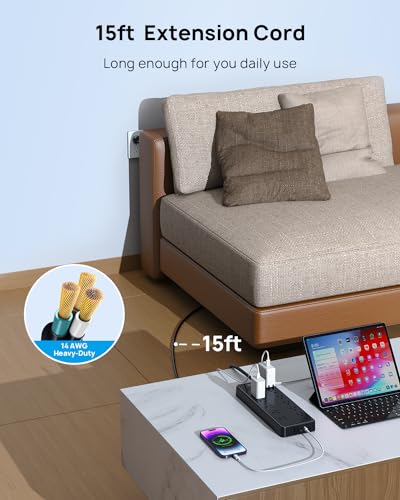 Image of TROND Long Extension Cord 15 FT, 4000J Surge Protector Power Strip