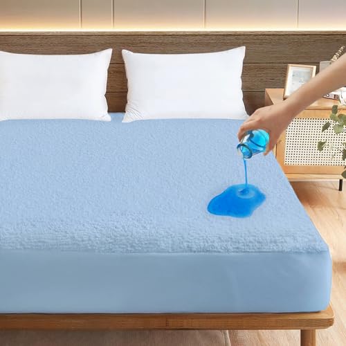 Image of Ayka 100% Waterproof Cotton Terry Mattress Protector King Size Breathable Hypoallergenic Noiseless Ultra Soft Fitted Bed Protector 84x72 inch Mattress /Bed Cover (King 84 * 72 inch | 7x6 ft, Sky Blue)