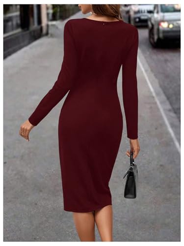Image of SOLY HUX Women's Patchwork Leather Zipper Dress Crew Neck Long Sleeve Split Hem Elegant Bodycon Dress