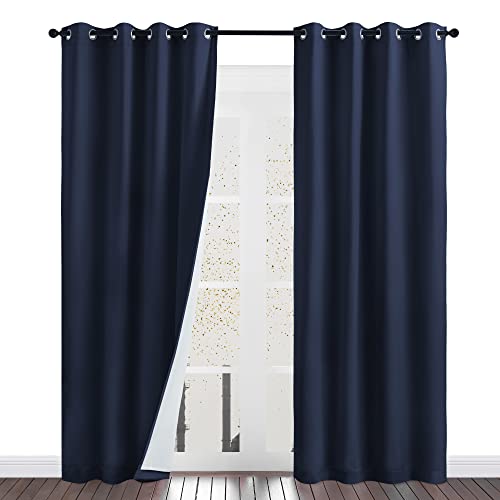 NICETOWN Thermal Insulated 100% Blackout Curtains, Dust Isolate Noise Reducing Drapes with Felt Fabric Liner, Full Light Blocking Panels for Patio (Navy Blue, 1 Pair, 52 inches x 95 inches)