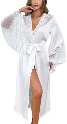 Women Elegant White Lace Kimono Robe Satin Summer Dressing Gown for Brides, Lounging, Sleepwear