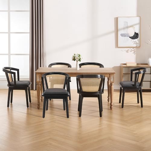 Image of BESTANO Black Rattan Dining Chairs Set of 6, Mid Century Modern Farmhouse Wood Dining Room Chairs, Upholstered Comfortable Kitchen Dining Side Chair with Cane Woven Back, Charcoal Linen