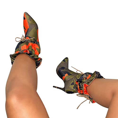 ZSpzx Pointed Toe Ankle Boots for Women Women's Stiletto High Heels Fashion Camouflage Lace Up High Heeled Boots Ladies Party Wedding Heeled Dress Shoes Ladies Sexy High Heels for Hot Girls