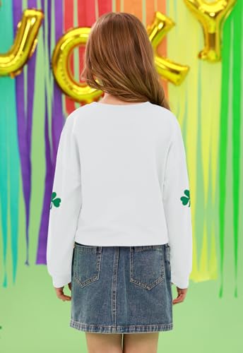 Image of Tween Girl St. Patrick's Irish Lucky Four Leaf Clover Bow Crop Top Green White Long Sleeve Shirt 12 Years