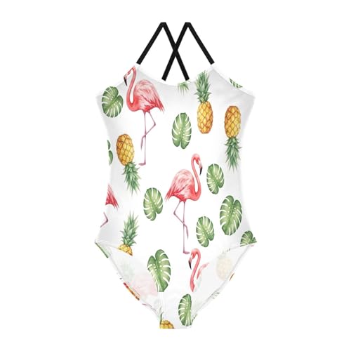 Flamingos Pineapples Green Leaves White Kids Swimwear Girls, Summer Beach Swimwear, 3-10