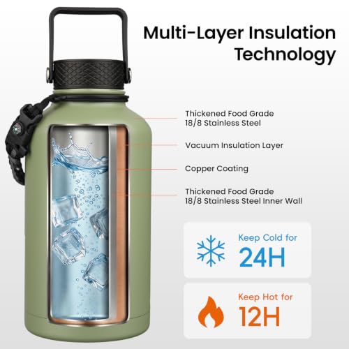 Image of Konokyo Insulated Water Bottle with Straw,87 oz 3 Lids Water Jug with Carrying Bag,Paracord Handle,Double Wall Vacuum Stainless Steel Metal Flask,Camp Green