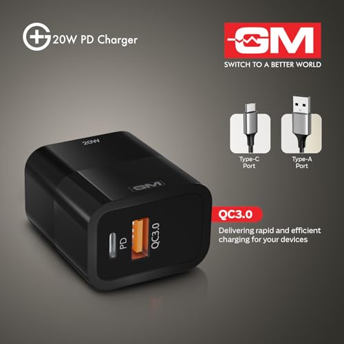 Image of GM G+ 20W Dual-Port Fast Charger | PD 3.0 + QC 3.0 + PPS | USB-C&A Dual Port | Smart Power Allocation | Advanced Protection for iPhone, Samsung, Pixel Series, Tablets,|1 Year Warranty